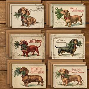 6pc Dachshund Dog Christmas Greeting Cards Envelopes Junk Journal Scrapbook